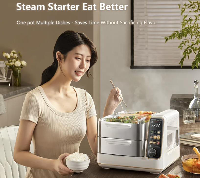 Hoper Layer Electric Food Steamer 16L Large Capacity 10 Second Start 24H Timer Independent Water Tank