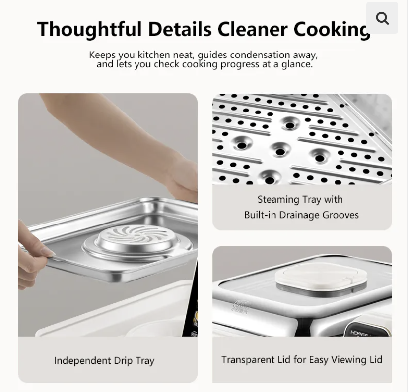 Hoper Layer Electric Food Steamer 16L Large Capacity 10 Second Start 24H Timer Independent Water Tank