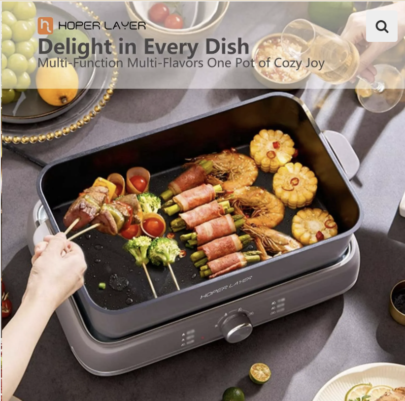 HOPER LAYER Electric Hot Pot 6L – Multifunctional Nonstick Cooker with Grill, Boil, Simmer & Fry Modes | 2000W Power, Square Removable Pot, 3-Level Knob Control