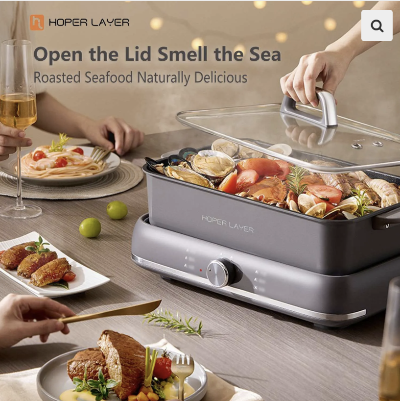 HOPER LAYER Electric Hot Pot 6L – Multifunctional Nonstick Cooker with Grill, Boil, Simmer & Fry Modes | 2000W Power, Square Removable Pot, 3-Level Knob Control