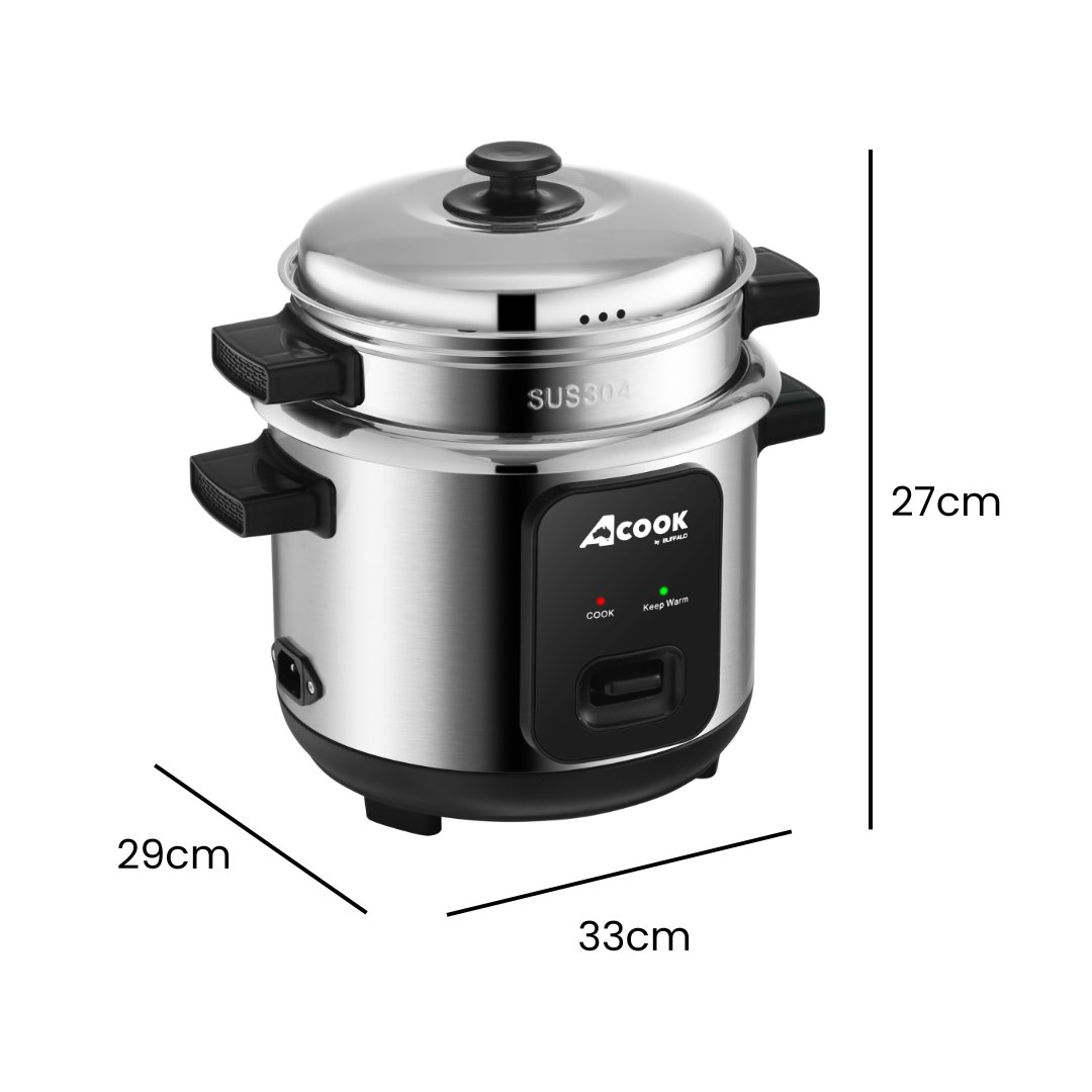 ACook by Buffalo Stainless Steel No Coating Chemical Free Classic Rice Cooker (10-Cup)