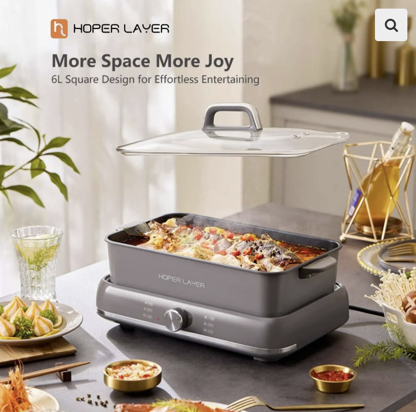 HOPER LAYER Electric Hot Pot 6L – Multifunctional Nonstick Cooker with Grill, Boil, Simmer & Fry Modes | 2000W Power, Square Removable Pot, 3-Level Knob Control
