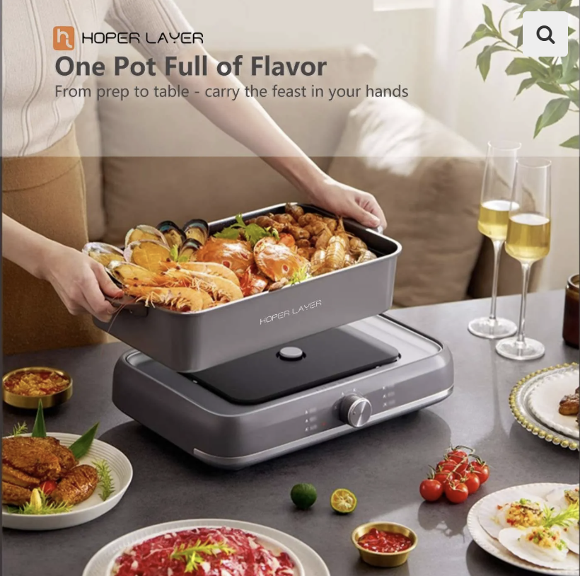 HOPER LAYER Electric Hot Pot 6L – Multifunctional Nonstick Cooker with Grill, Boil, Simmer & Fry Modes | 2000W Power, Square Removable Pot, 3-Level Knob Control