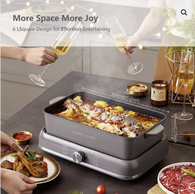HOPER LAYER Electric Hot Pot 6L – Multifunctional Nonstick Cooker with Grill, Boil, Simmer & Fry Modes | 2000W Power, Square Removable Pot, 3-Level Knob Control