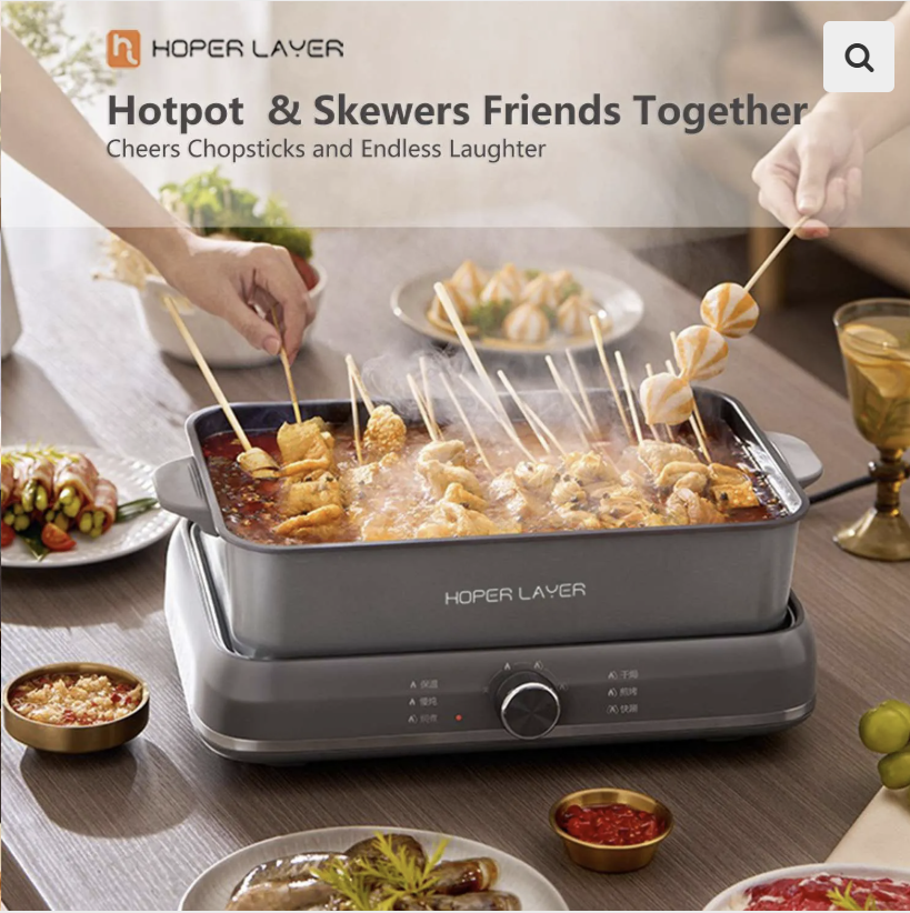 HOPER LAYER Electric Hot Pot 6L – Multifunctional Nonstick Cooker with Grill, Boil, Simmer & Fry Modes | 2000W Power, Square Removable Pot, 3-Level Knob Control