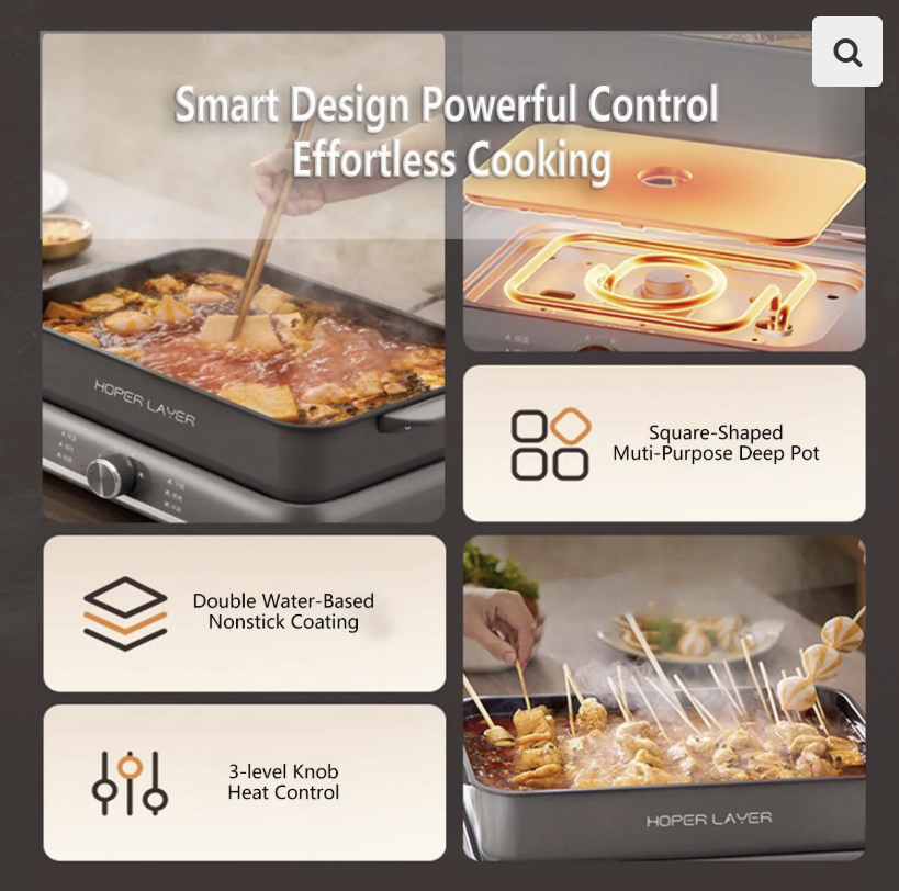 HOPER LAYER Electric Hot Pot 6L – Multifunctional Nonstick Cooker with Grill, Boil, Simmer & Fry Modes | 2000W Power, Square Removable Pot, 3-Level Knob Control